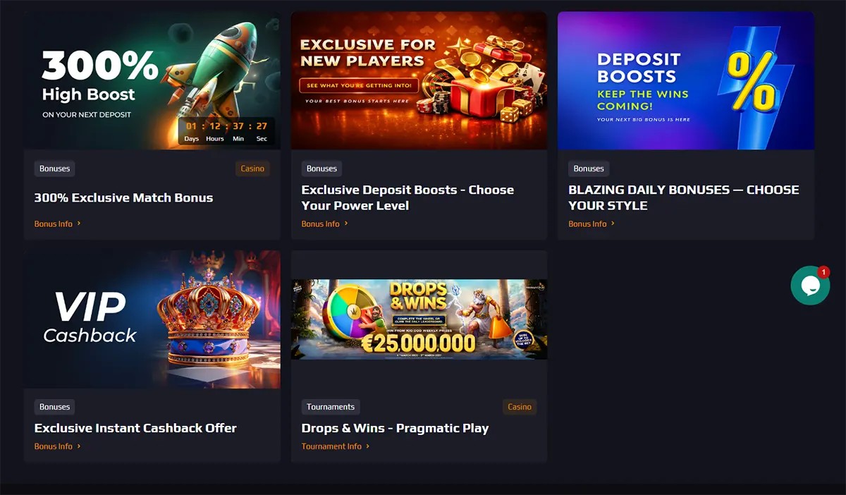 Casino promotions page showing bonus cards for a 300% match bonus, exclusive deposit boosts, daily bonuses, VIP cashback, and a Pragmatic Play Drops & Wins tournament.