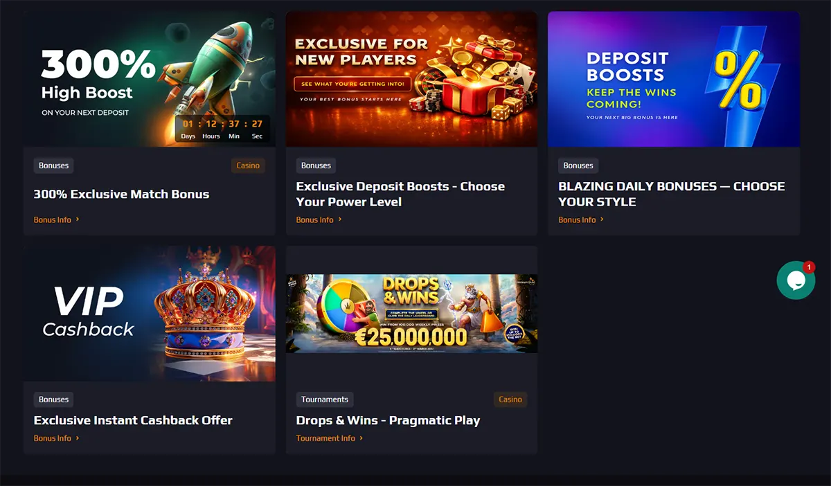 Casino promotions page showing bonus cards for a 300% match bonus, exclusive deposit boosts, daily bonuses, VIP cashback, and a Pragmatic Play Drops & Wins tournament.