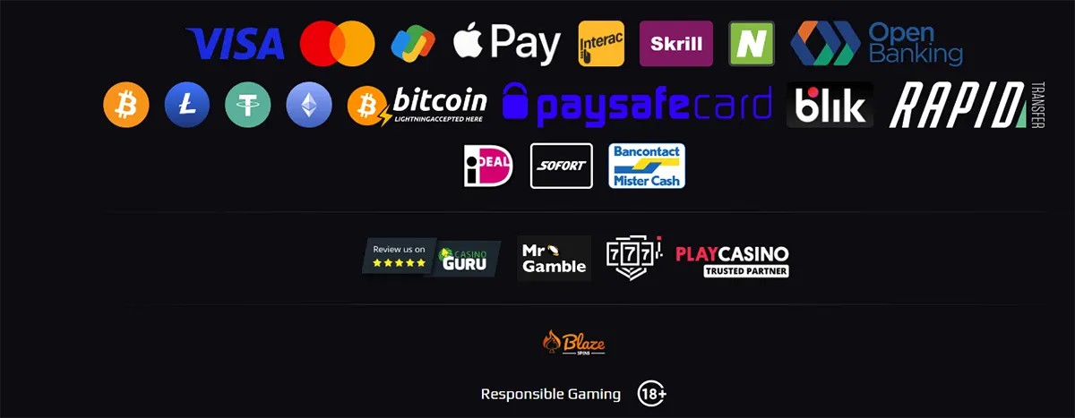 Casino footer featuring payment method logos including Visa, Mastercard, Apple Pay, Interac, Skrill, Neteller, Open Banking, Bitcoin, Litecoin, Tether, Ethereum, paysafecard, Blik, Rapid Transfer, iDEAL, Sofort, and Bancontact, plus review badges, responsible gaming text, and an 18+ age restriction icon.
