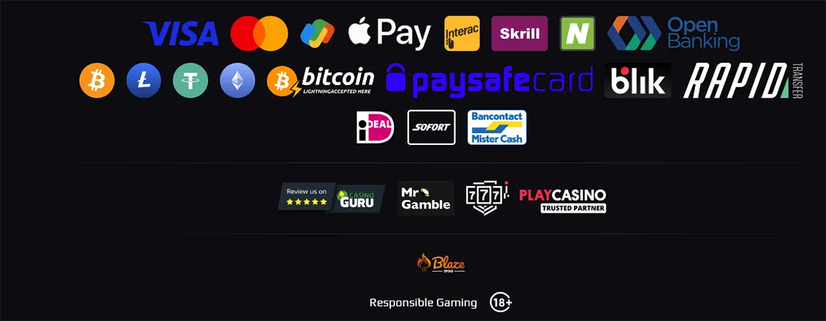 Casino footer featuring payment method logos including Visa, Mastercard, Apple Pay, Interac, Skrill, Neteller, Open Banking, Bitcoin, Litecoin, Tether, Ethereum, paysafecard, Blik, Rapid Transfer, iDEAL, Sofort, and Bancontact, plus review badges, responsible gaming text, and an 18+ age restriction icon.