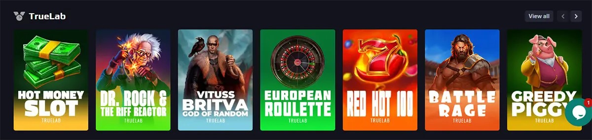TrueLab games row featuring Hot Money Slot, Dr. Rock & the Riff Reactor, Vitus Briva God of Random, European Roulette, Red Hot 100, Battle Rage, and Greedy Piggy on a dark casino interface.