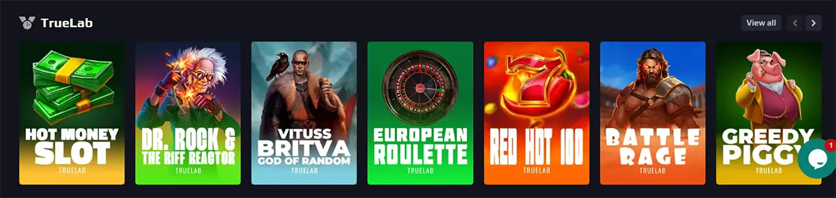 TrueLab games row featuring Hot Money Slot, Dr. Rock & the Riff Reactor, Vitus Briva God of Random, European Roulette, Red Hot 100, Battle Rage, and Greedy Piggy on a dark casino interface.