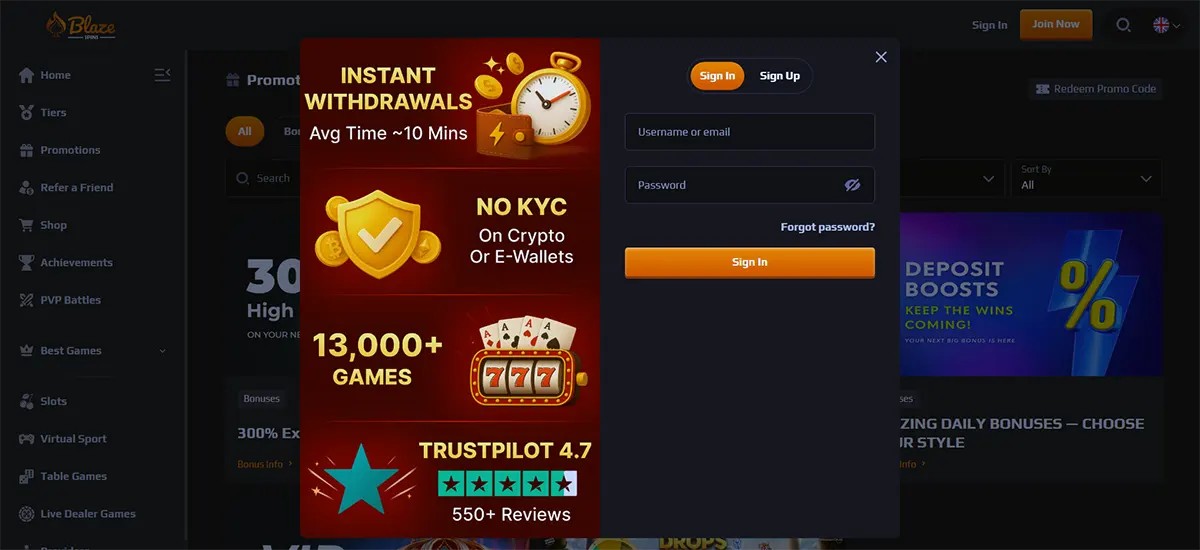 Casino login popup with username or email and password fields, an orange “Sign In” button, and promotional highlights for instant withdrawals, no KYC on crypto or e-wallets, 13,000+ games, and a Trustpilot rating.