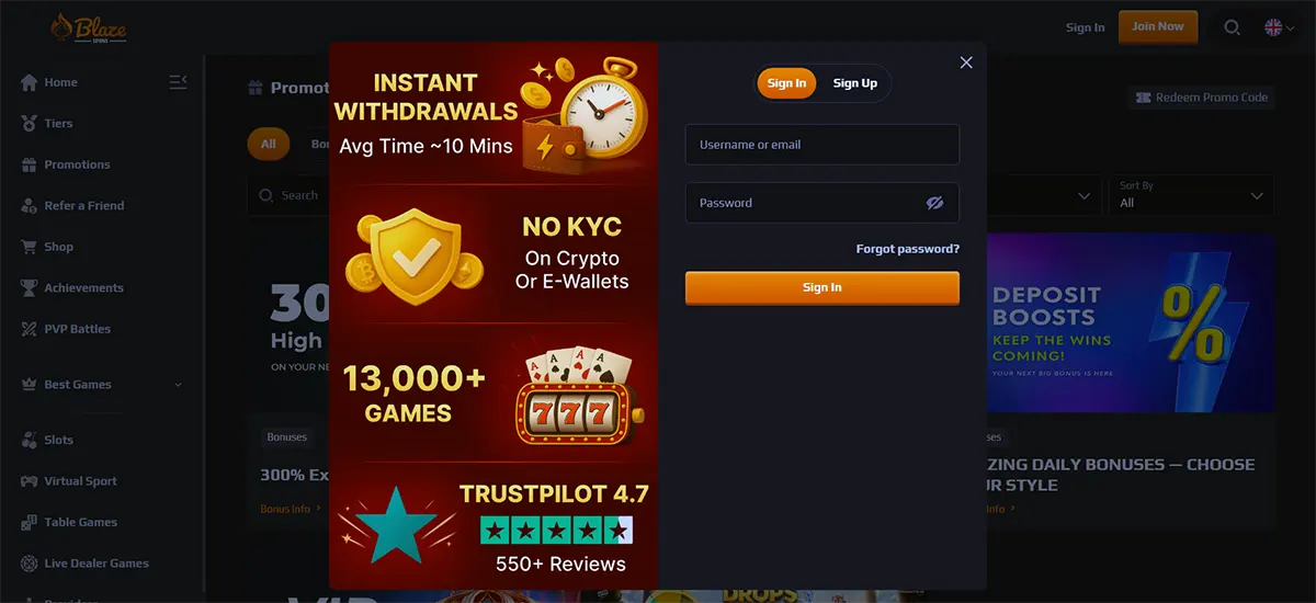 Casino login popup with username or email and password fields, an orange “Sign In” button, and promotional highlights for instant withdrawals, no KYC on crypto or e-wallets, 13,000+ games, and a Trustpilot rating.